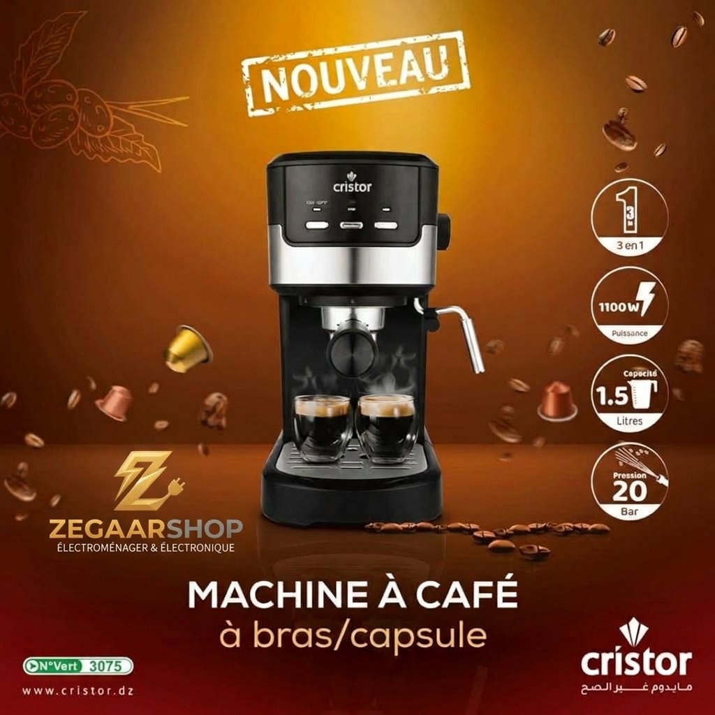 Machine À Café 3 en 1 CRISTOR Capsules et Café moulu -20 BARS-1100 Watts - - الصورة 4